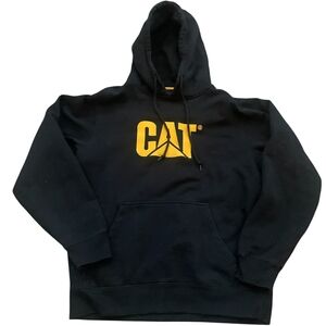 CAT Sweatshirt Men L Black Yellow Embroidery Caterpillar Construction Hoodie